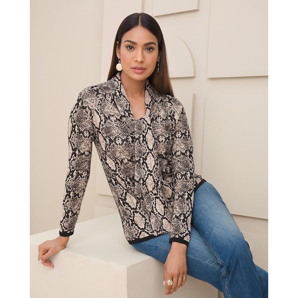 NWT CHICOS Python Print Tie Neck Long Sleeve Snake Pullover Sweater SIZE 0 US 4